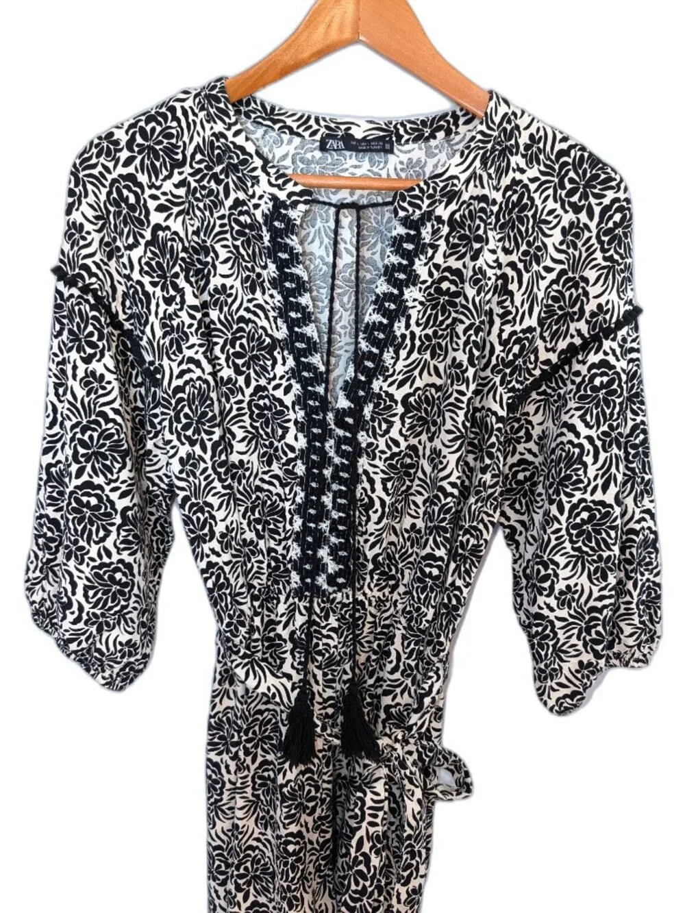 Zara | Linen Blend Floral Print Belted Romper with Tassels | Size	Large
